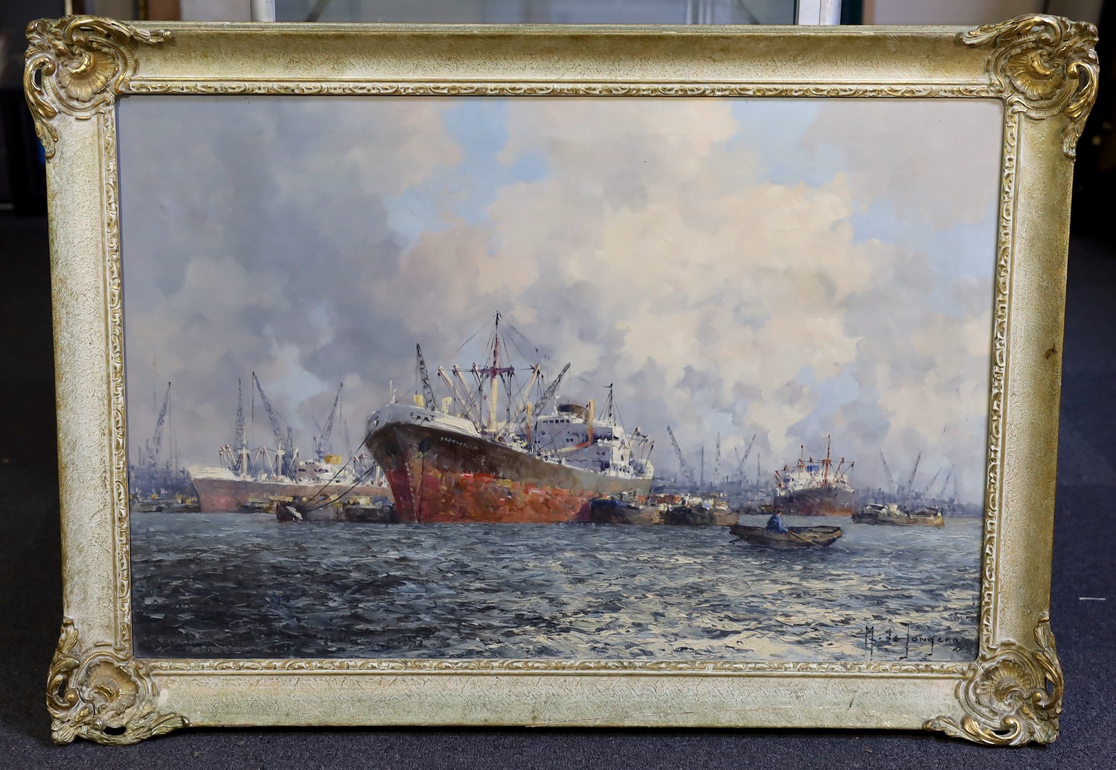 Marinus Johannes de Jongere (Dutch, 1912-1978), oil on canvas, Shipping in Rotterdam harbour, 60 x 90cm